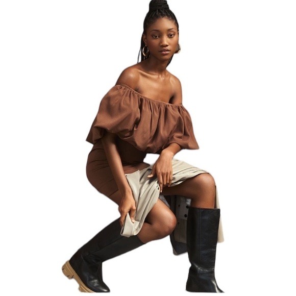 Anthropologie Nikita Mhaisalkar Off-The-Shoulder Bubble‎ Dress Chocolate Brown - Picture 2 of 13